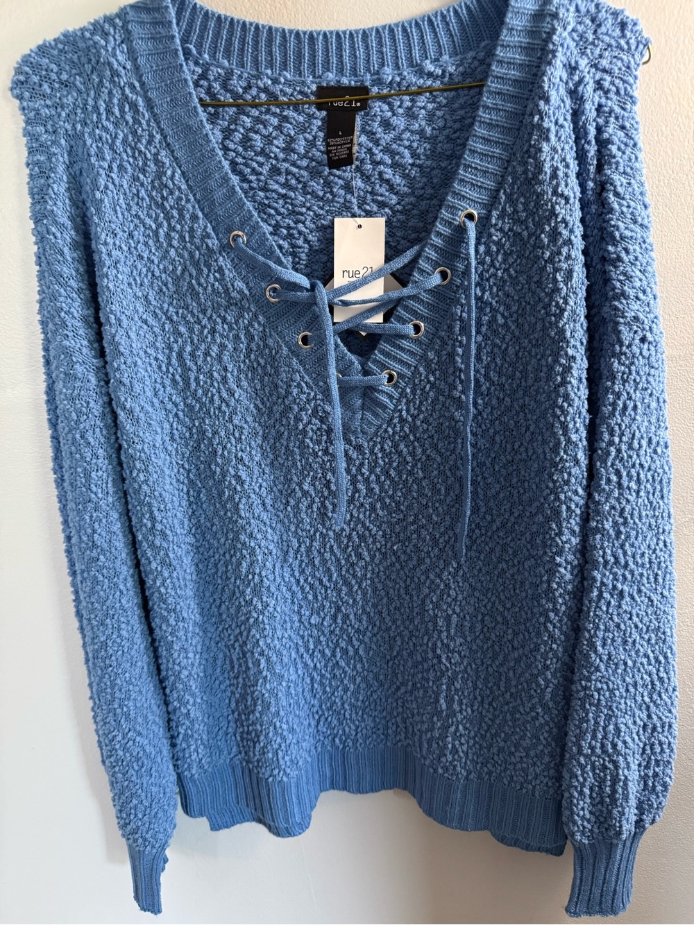 Rue21 Light Blue Lace-Up Popcorn Knit V-Neck Sweater